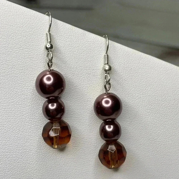 Triple Brown Pearl Crystal Dangle Fish Hook Earrings Premier Designs - Picture 1 of 3
